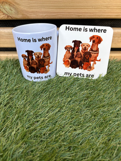 Two coasters with dog illustrations and text on a grassy background