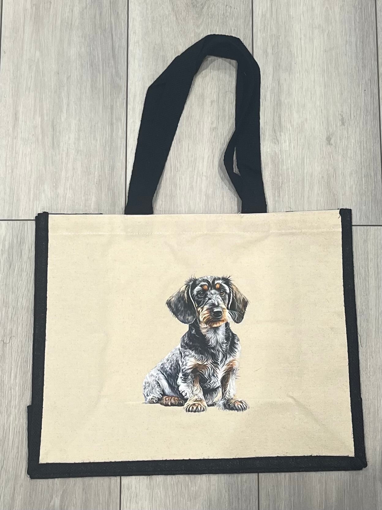 Personalised tote bag with a wire haired dachshund on