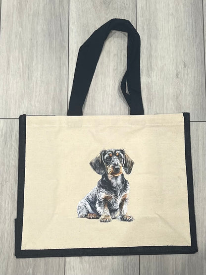 Personalised tote bag with a wire haired dachshund on