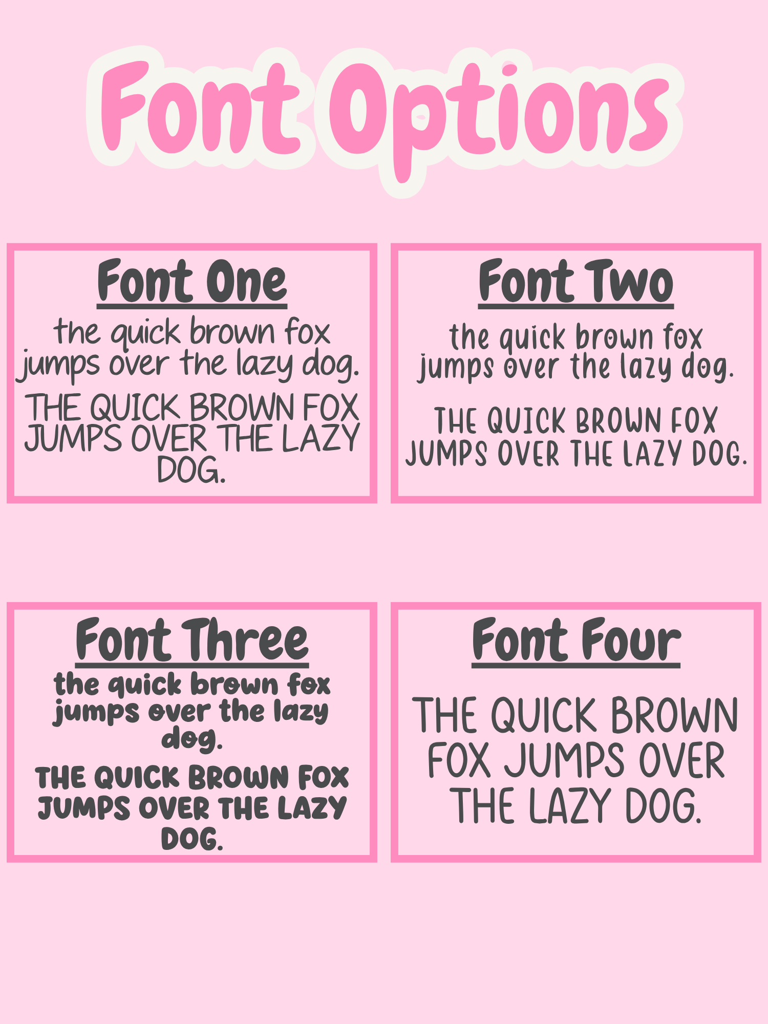 Comparison of four different fonts on a pink background with text examples.