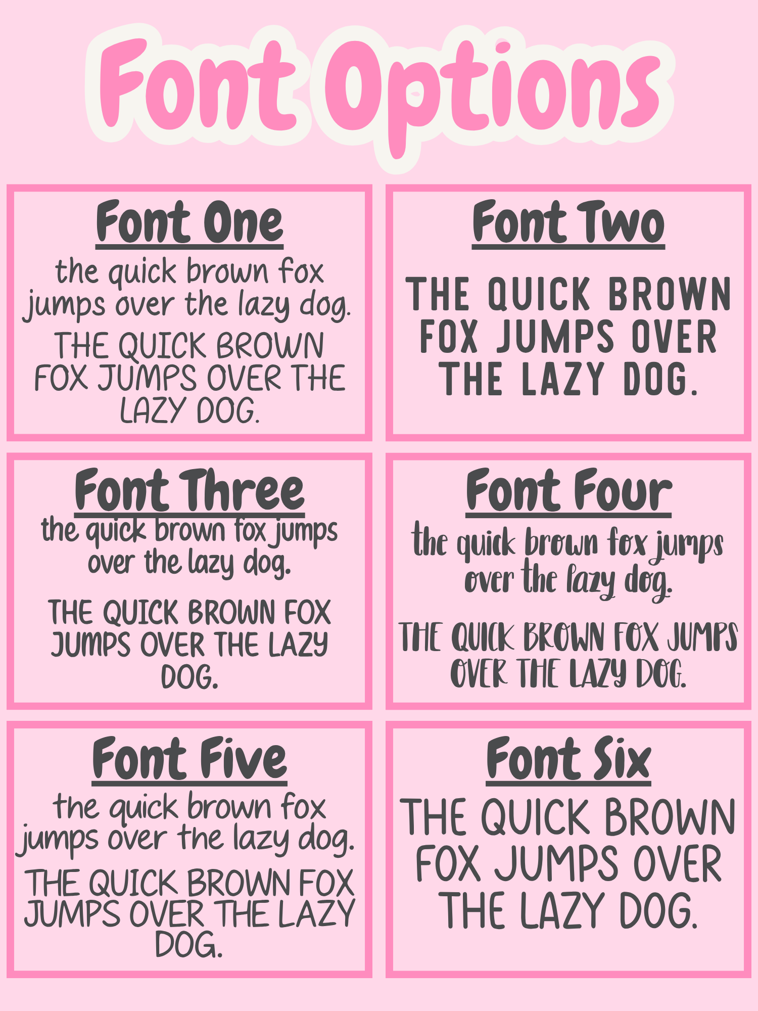 Comparison of six different fonts on a pink background with text.