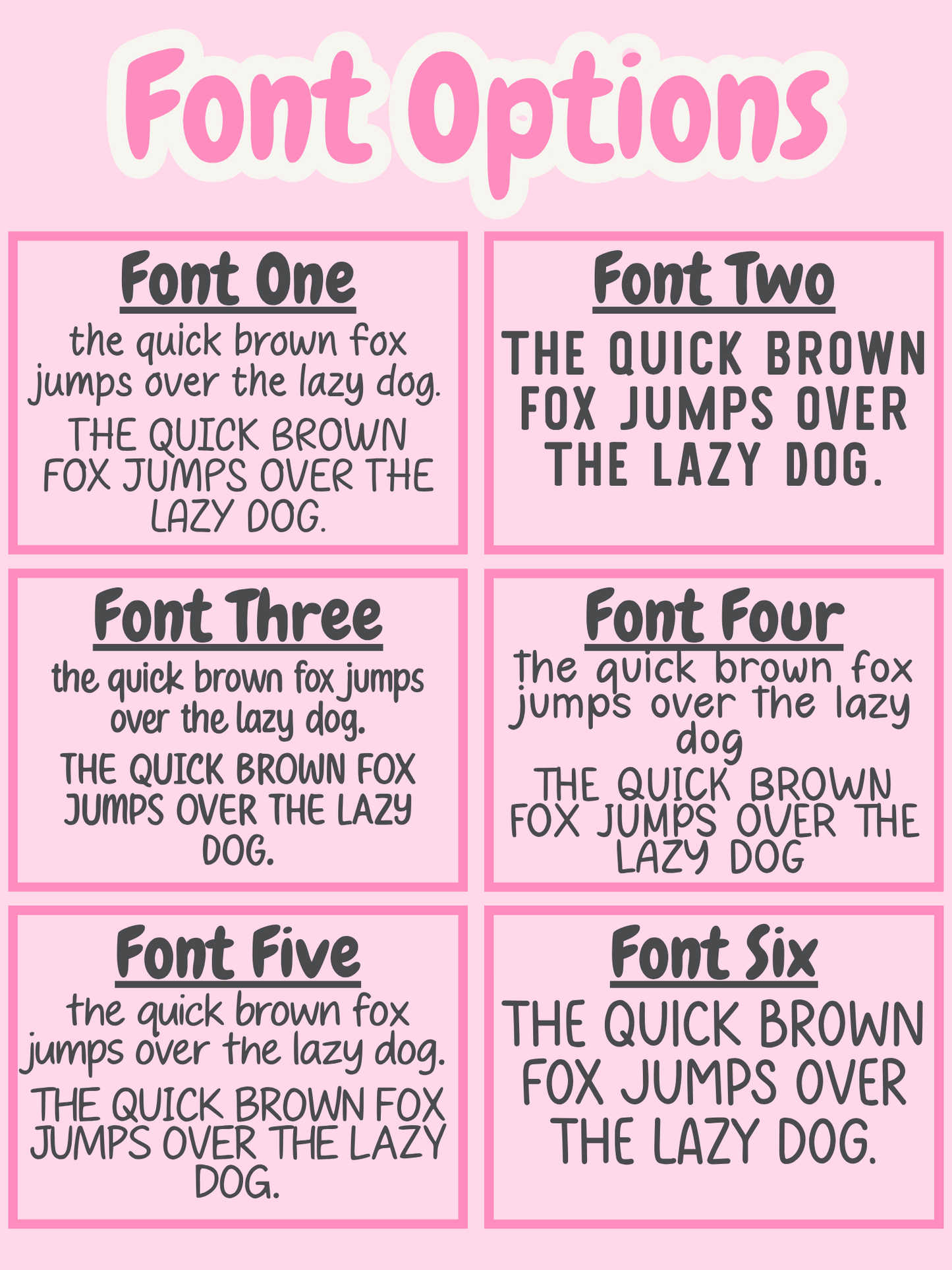 Comparison of six different fonts on a pink background with text.