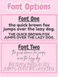 Comparison of two font styles on a pink background with text 'the quick brown fox jumps over the lazy dog'.