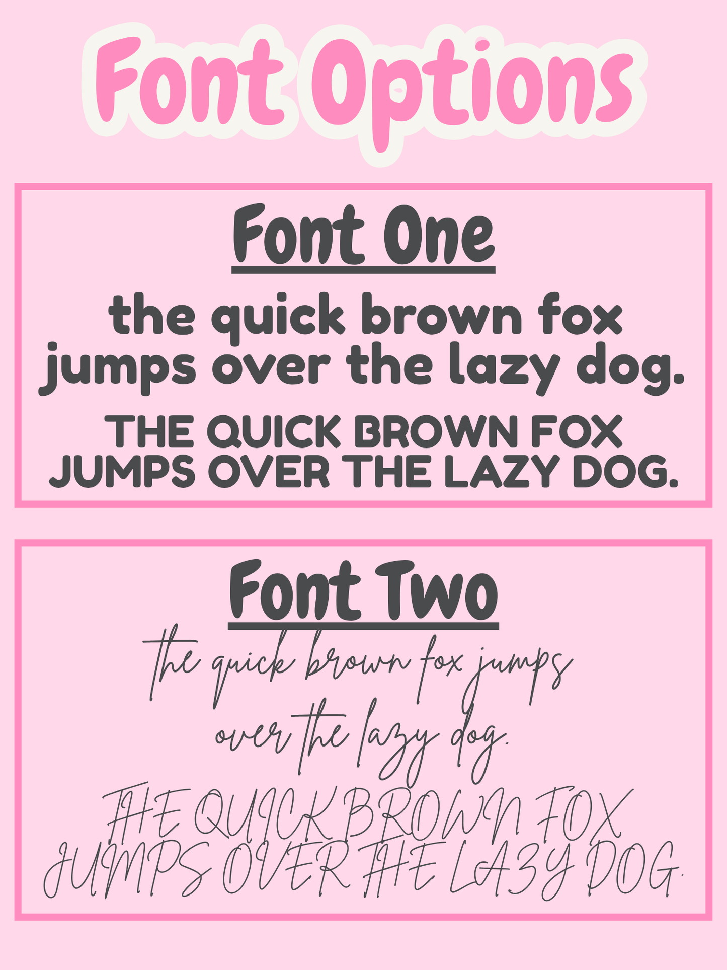 Comparison of two font styles on a pink background with text 'the quick brown fox jumps over the lazy dog'.