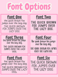 Comparison of six different fonts on a pink background with text.