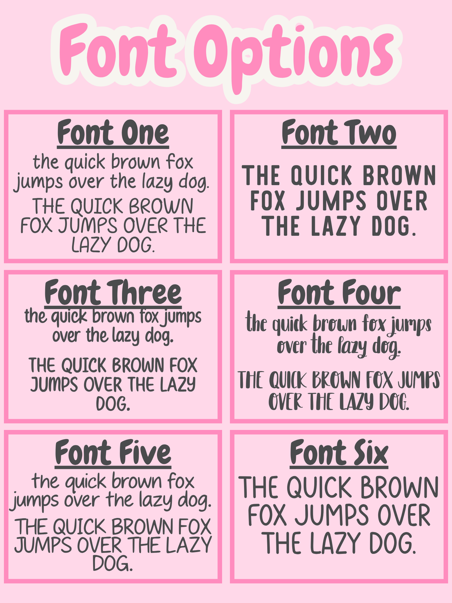 Comparison of six different fonts on a pink background with text.