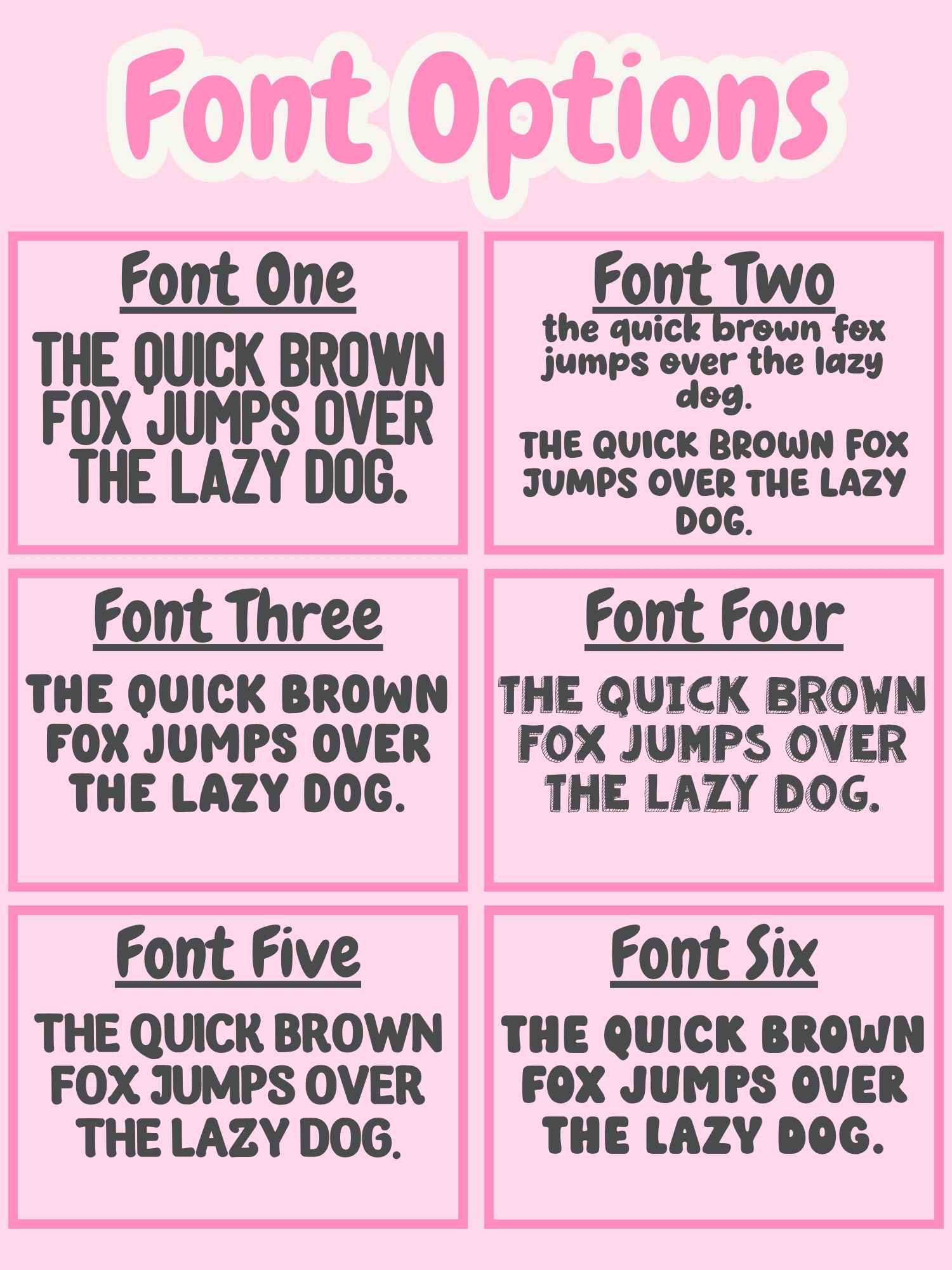 Comparison of six different fonts with text on a pink background
