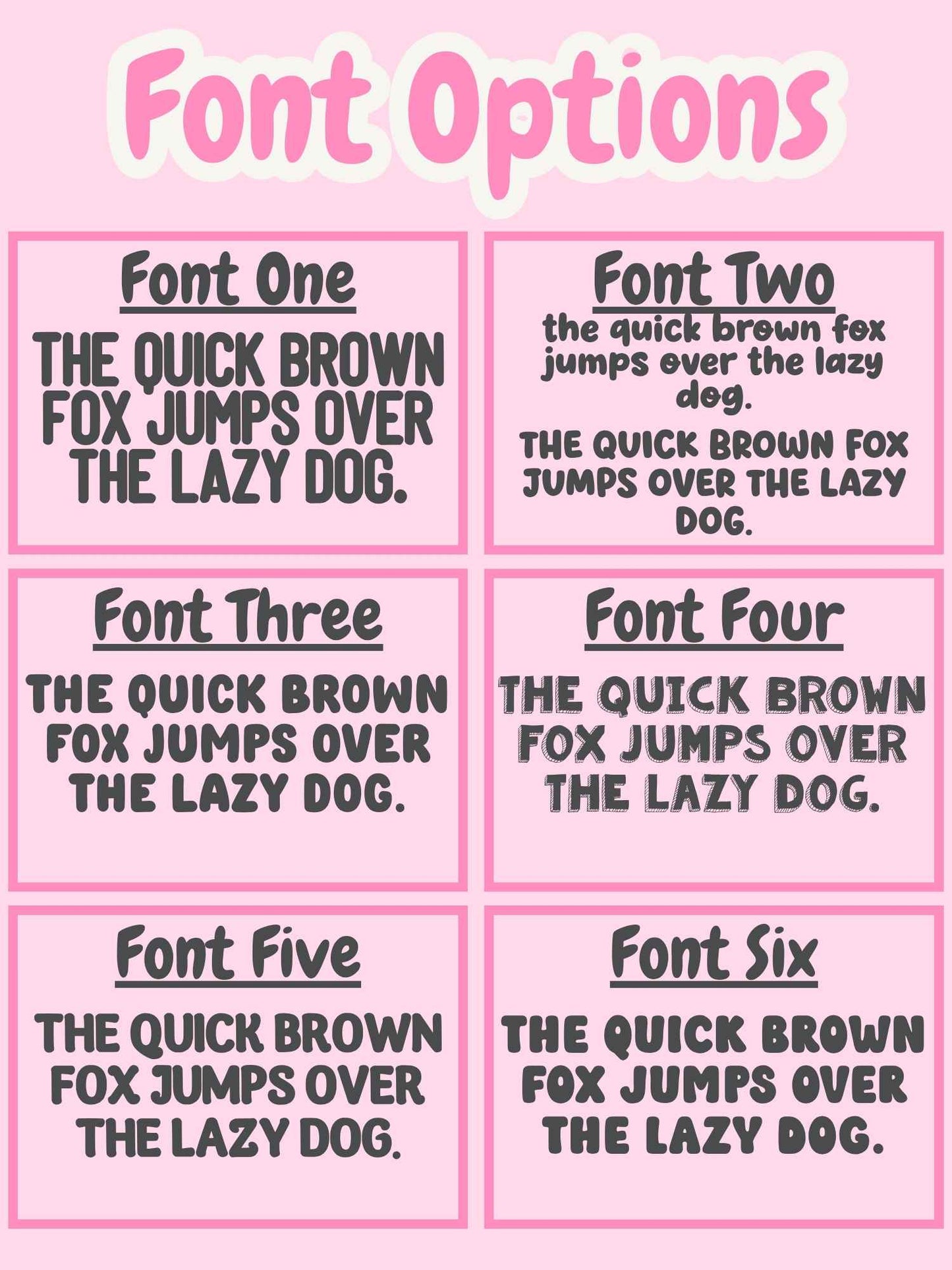Comparison of six different fonts with text on a pink background