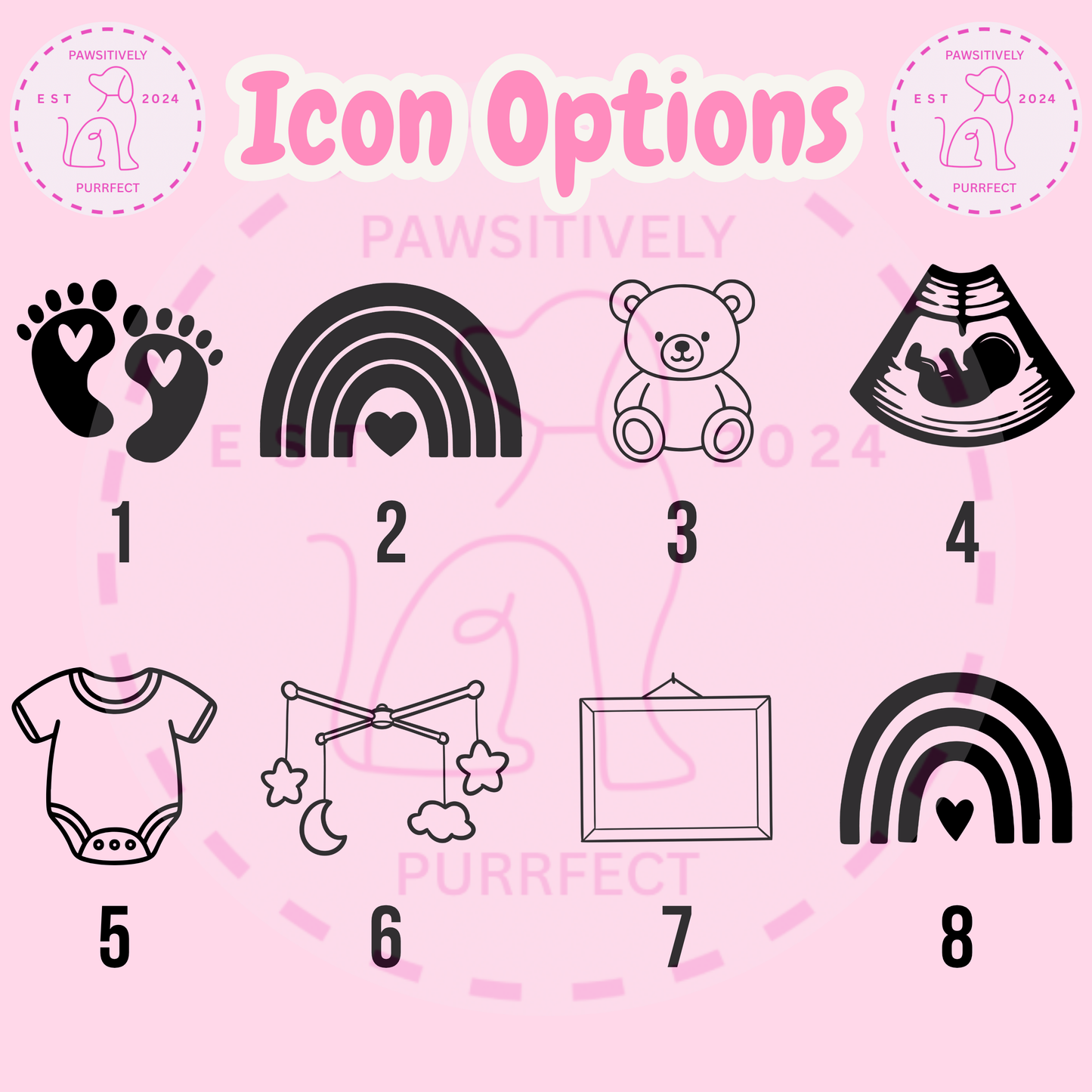 Set of icon options on a pink background with 'Pawsitively Purrfect' branding.