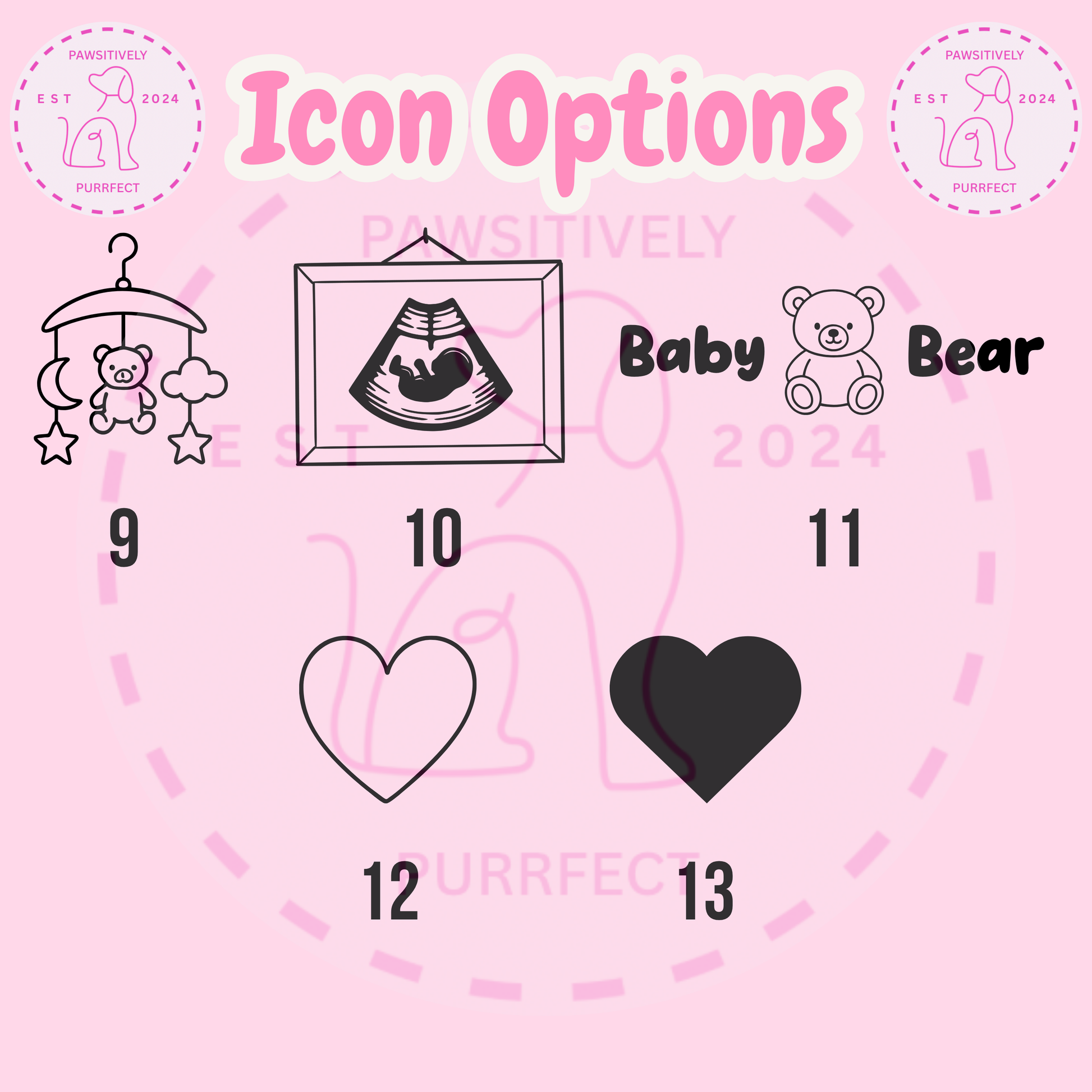 Icon options for a baby-themed design on a pink background with text and graphics.