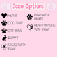 Icon options with paw and heart designs on a pink background