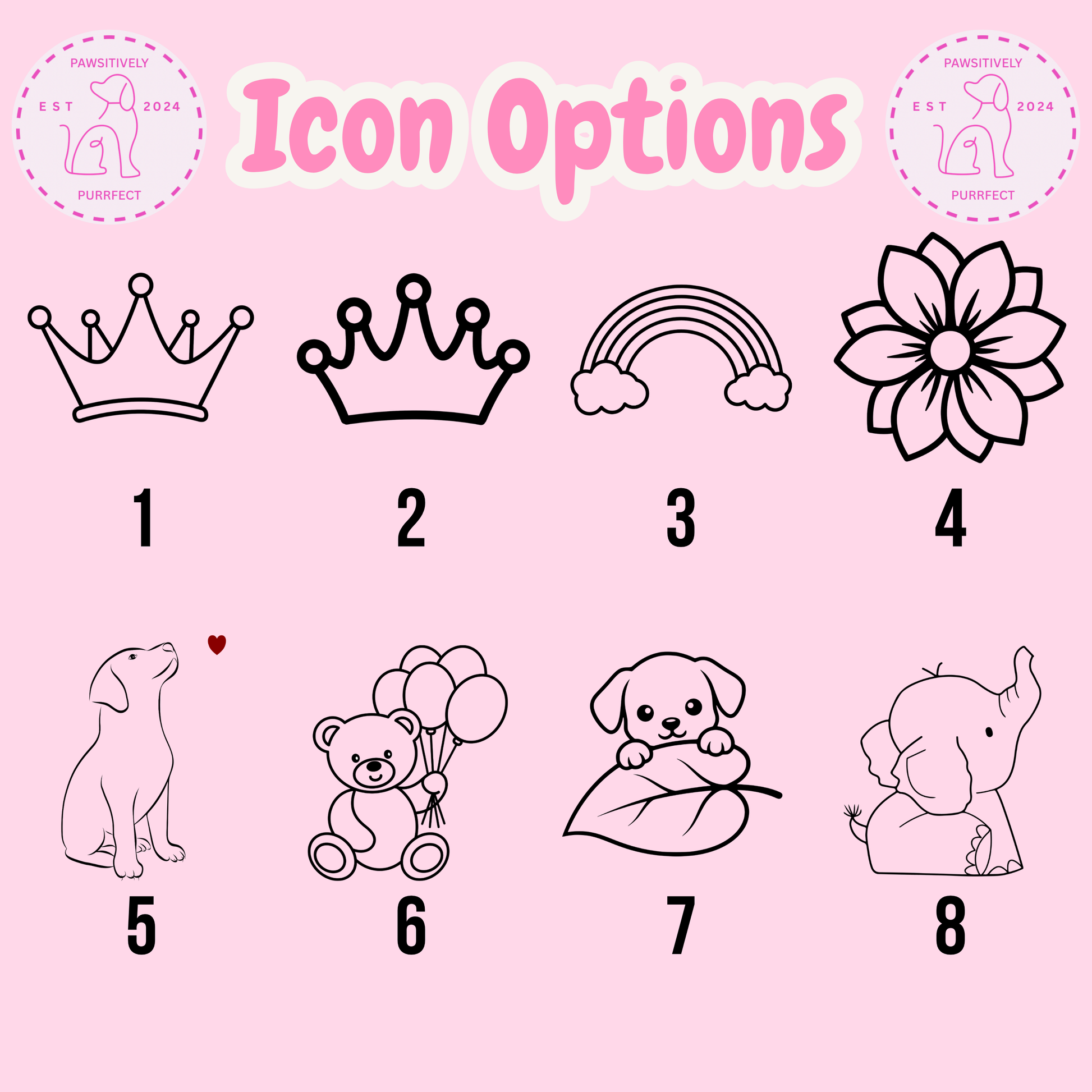 Set of icon options on a pink background with 'Icon Options' text.