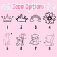 Set of icon options on a pink background with 'Icon Options' text.