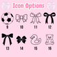Icon options including a soccer ball, various bows, a duck, and a bear on a pink background.