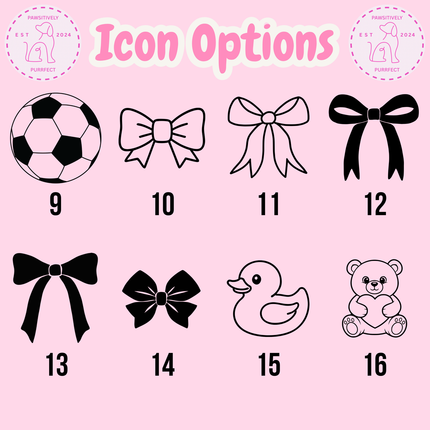 Icon options including a soccer ball, various bows, a duck, and a bear on a pink background.