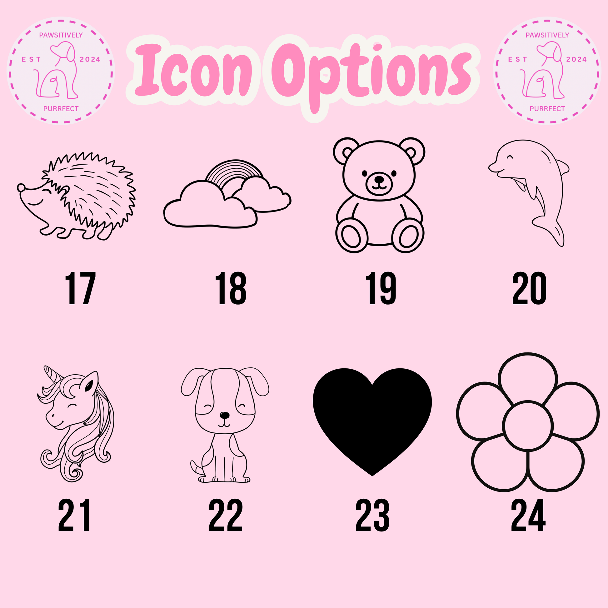Set of icon options on a pink background with numbers and animal illustrations.