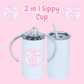 2-in-1 sippy cup with handle and straw on a pink background, featuring 'Pawsitively Purrfect' branding.