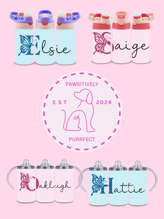 Collection of personalized water bottles and sippy cups with names on a pink background, featuring a logo for 'PAWSITIVELY PURRFECT'.