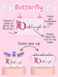 Personalization options for baby bottles with a butterfly design and name 'Oakleigh' on a pink background.
