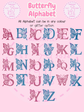 Butterfly alphabet design with pink and blue letters on a white background