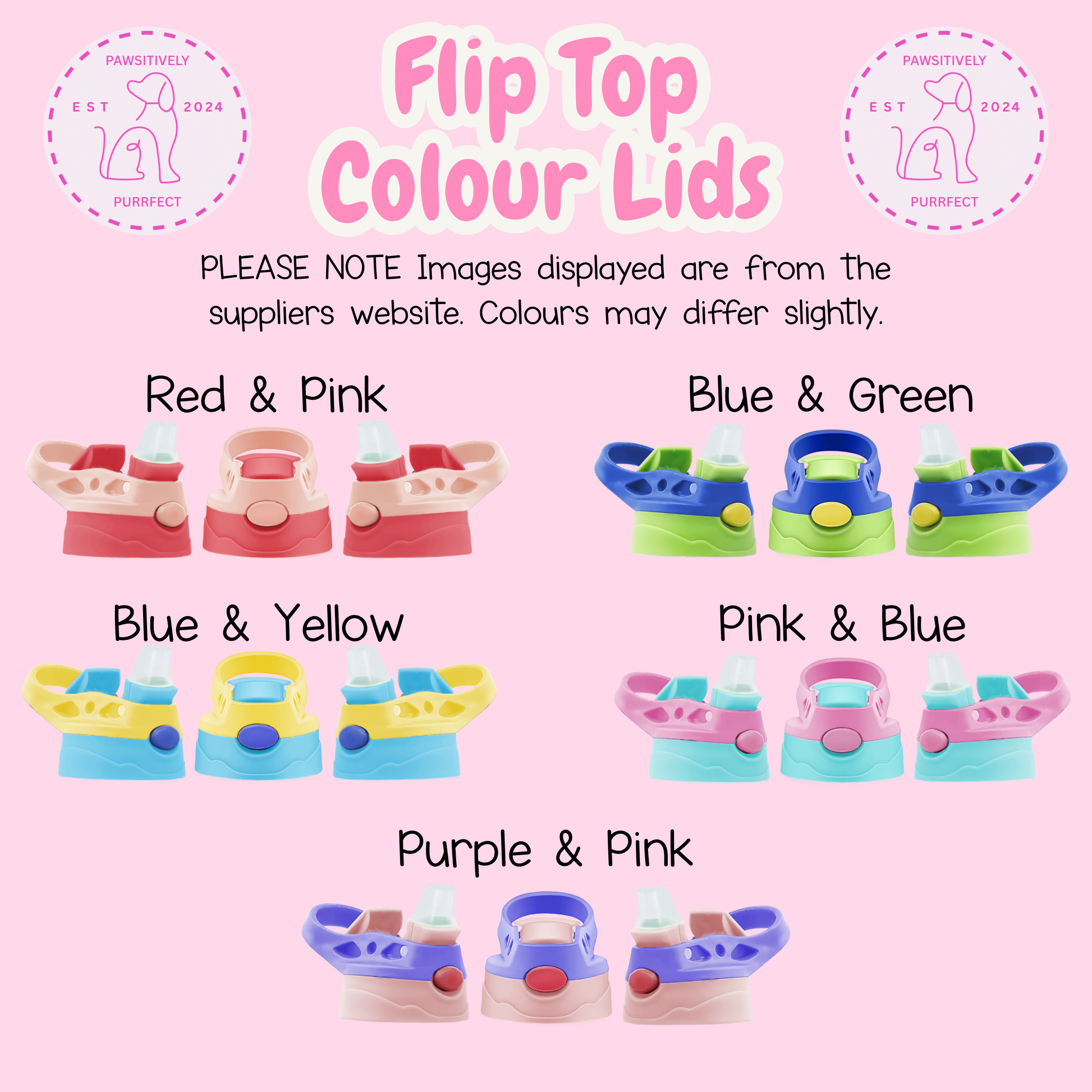 Colorful flip top containers with different color combinations on a pink background.