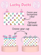 Product display with colorful duck pattern on cups and background, featuring 'Lucky Ducks' branding.