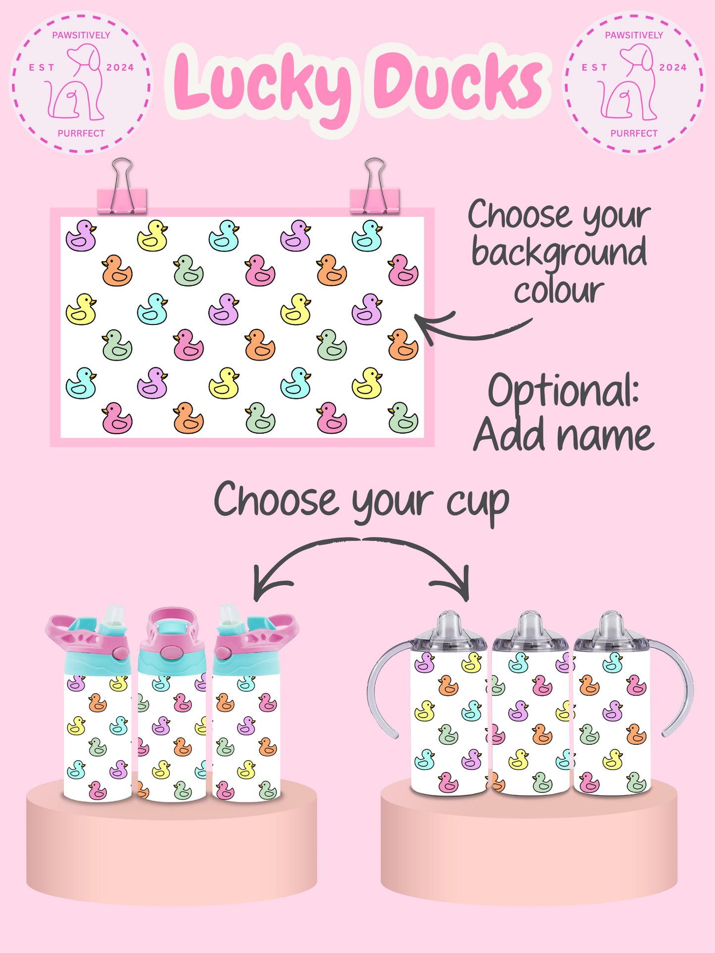 Product display with colorful duck pattern on cups and background, featuring 'Lucky Ducks' branding.