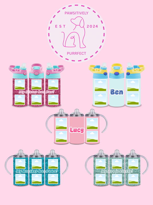 Collection of personalized sippy cups on a pink background with 'Pawsitively Purrfect' branding.