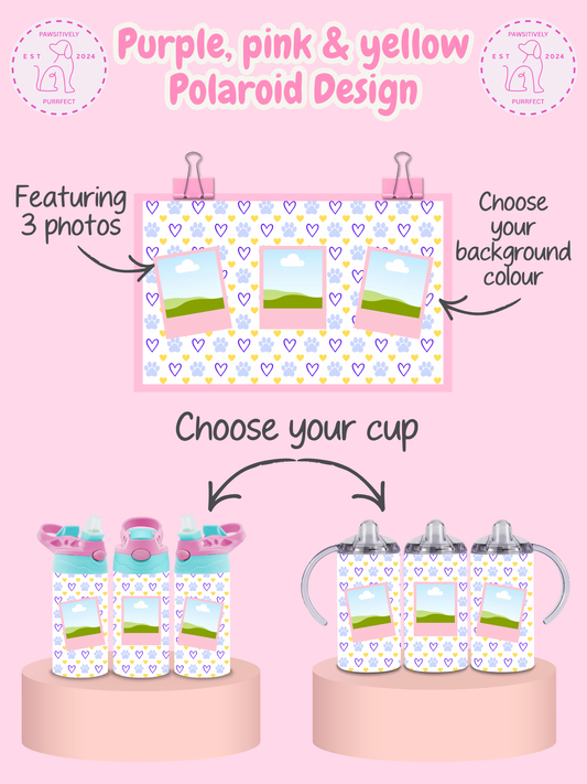 Promotional graphic for personalized Polaroid design with purple, pink, and yellow colors on a pink background.