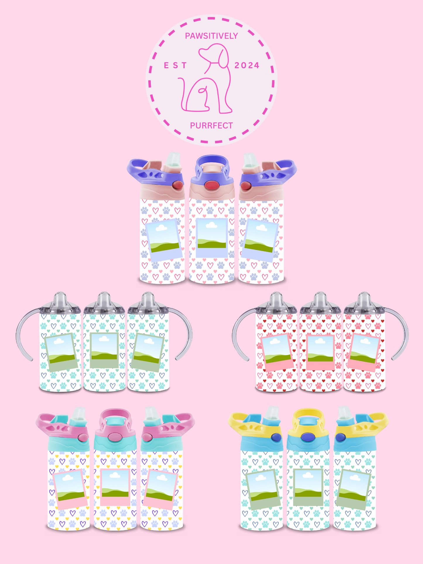 Collection of children's sippy cups with polka dot pattern on a pink background, featuring a brand logo.
