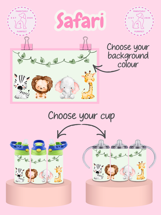 Children's cups with animal designs on a pink background, featuring the brand 'Paw Patrol'.