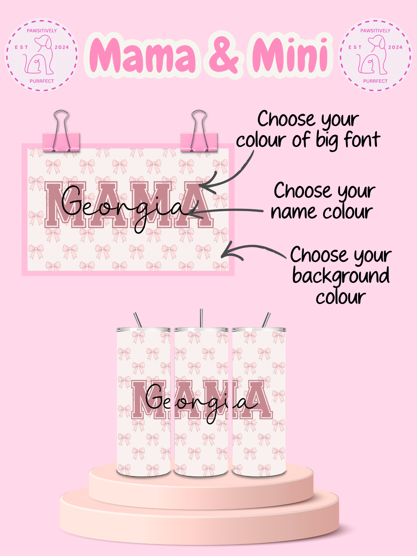 Personalized candles with 'Mama & Mini' design on a pink background