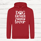 Red hoodie with 'Dog Father Beer Lover' text on a white wooden background