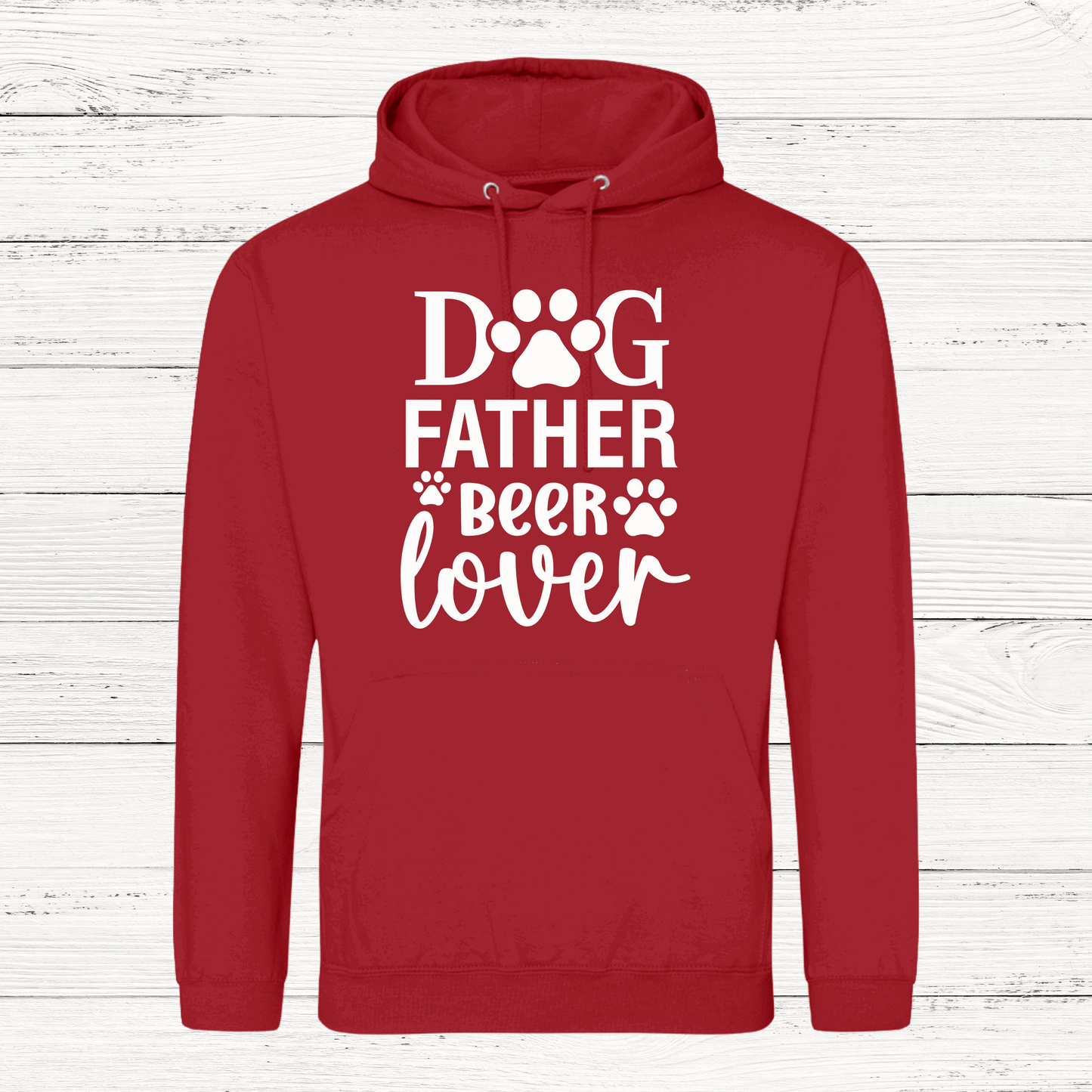 Red hoodie with 'Dog Father Beer Lover' text on a white wooden background