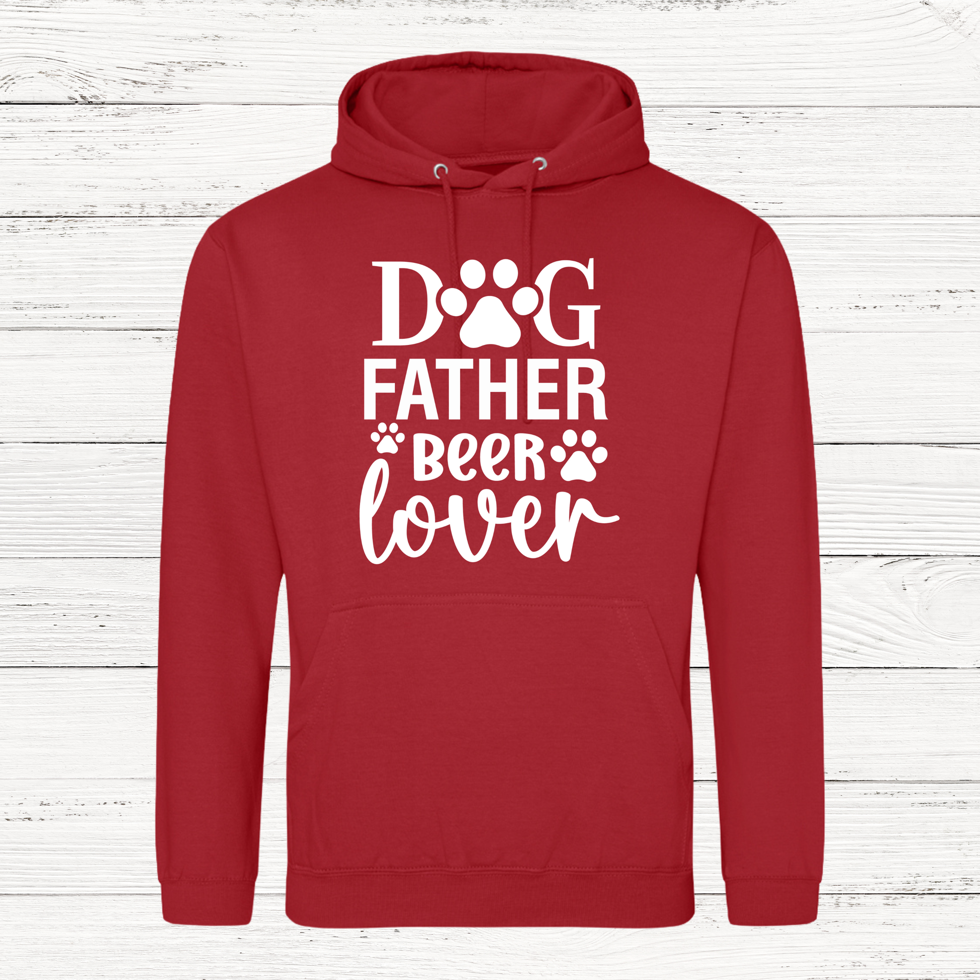 Red hoodie with 'Dog Father Beer Lover' text on a white wooden background