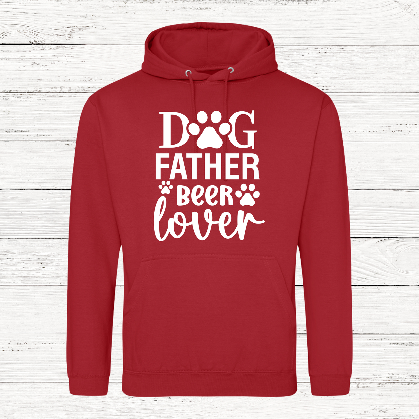 Red hoodie with 'Dog Father Beer Lover' text on a white wooden background