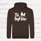 Brown hoodie with 'The Dogfather' text and graphic on a wooden background