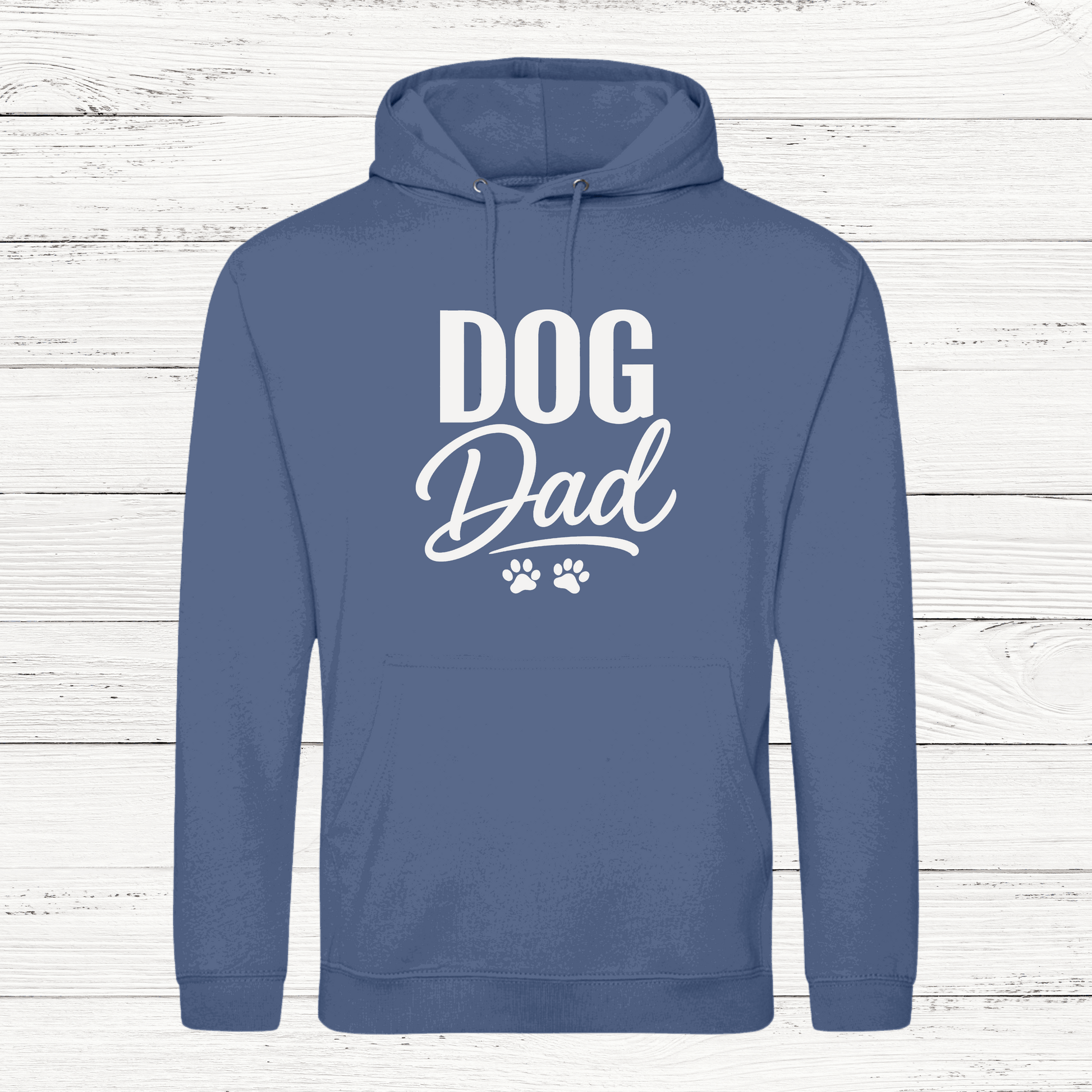 Blue hoodie with 'DOG Dad' text on a wooden background