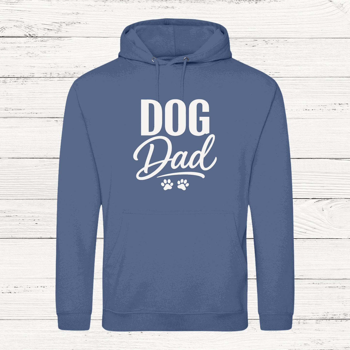 Blue hoodie with 'DOG Dad' text on a wooden background