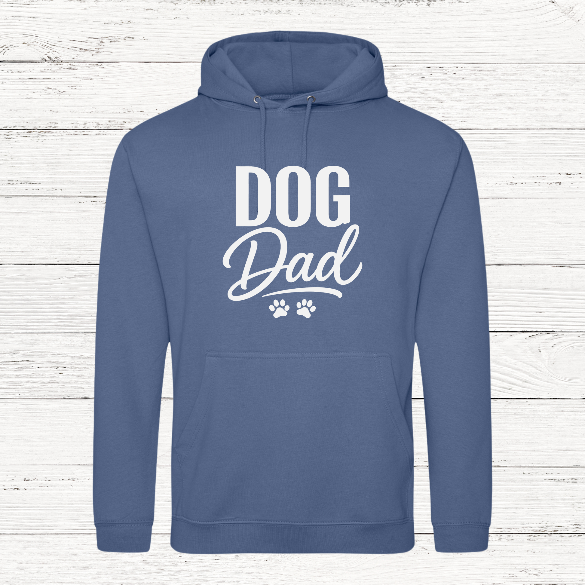 Blue hoodie with 'DOG Dad' text on a wooden background