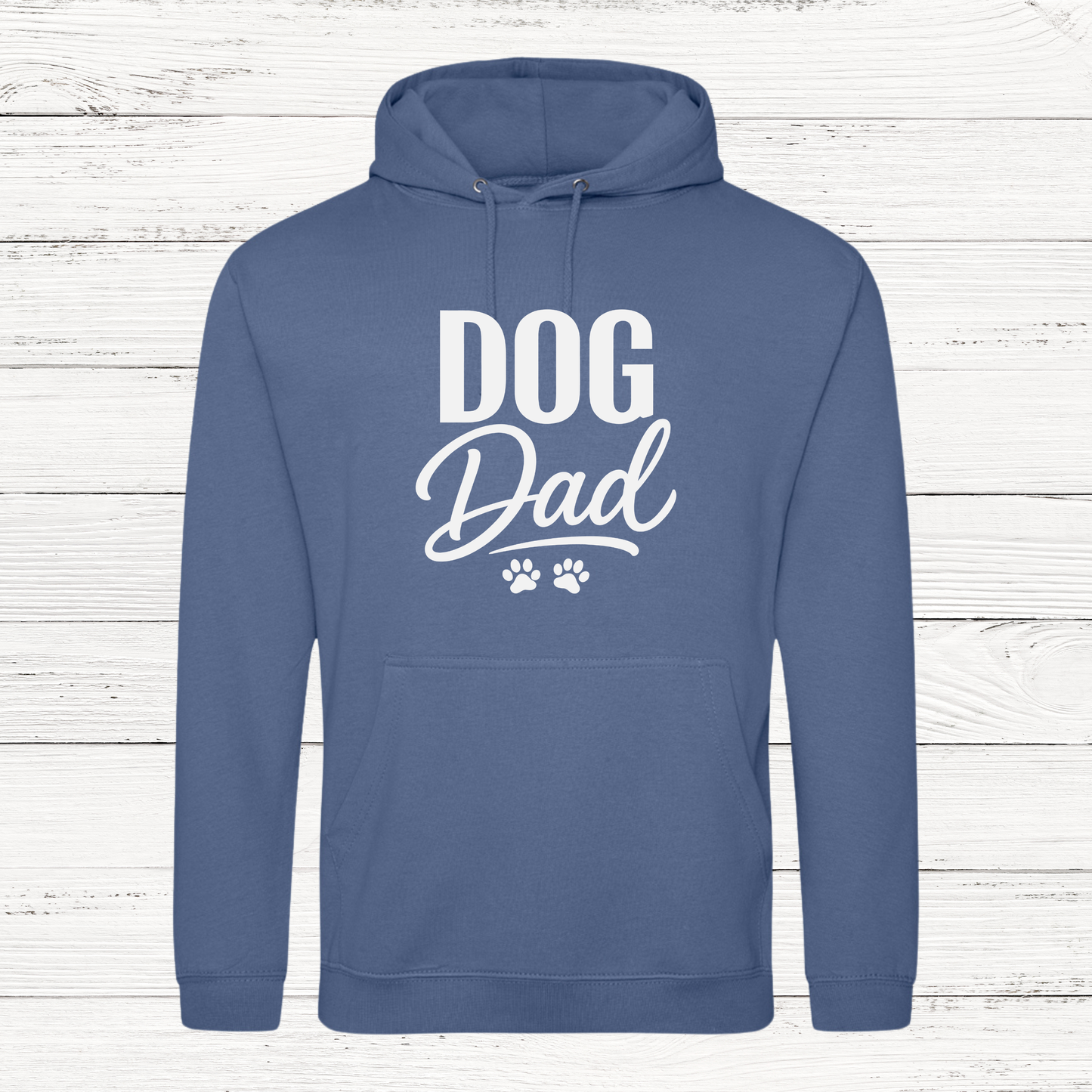 Blue hoodie with 'DOG Dad' text on a wooden background