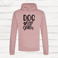 Pink hoodie with 'Dog hair is my Glitter' text on a wooden background