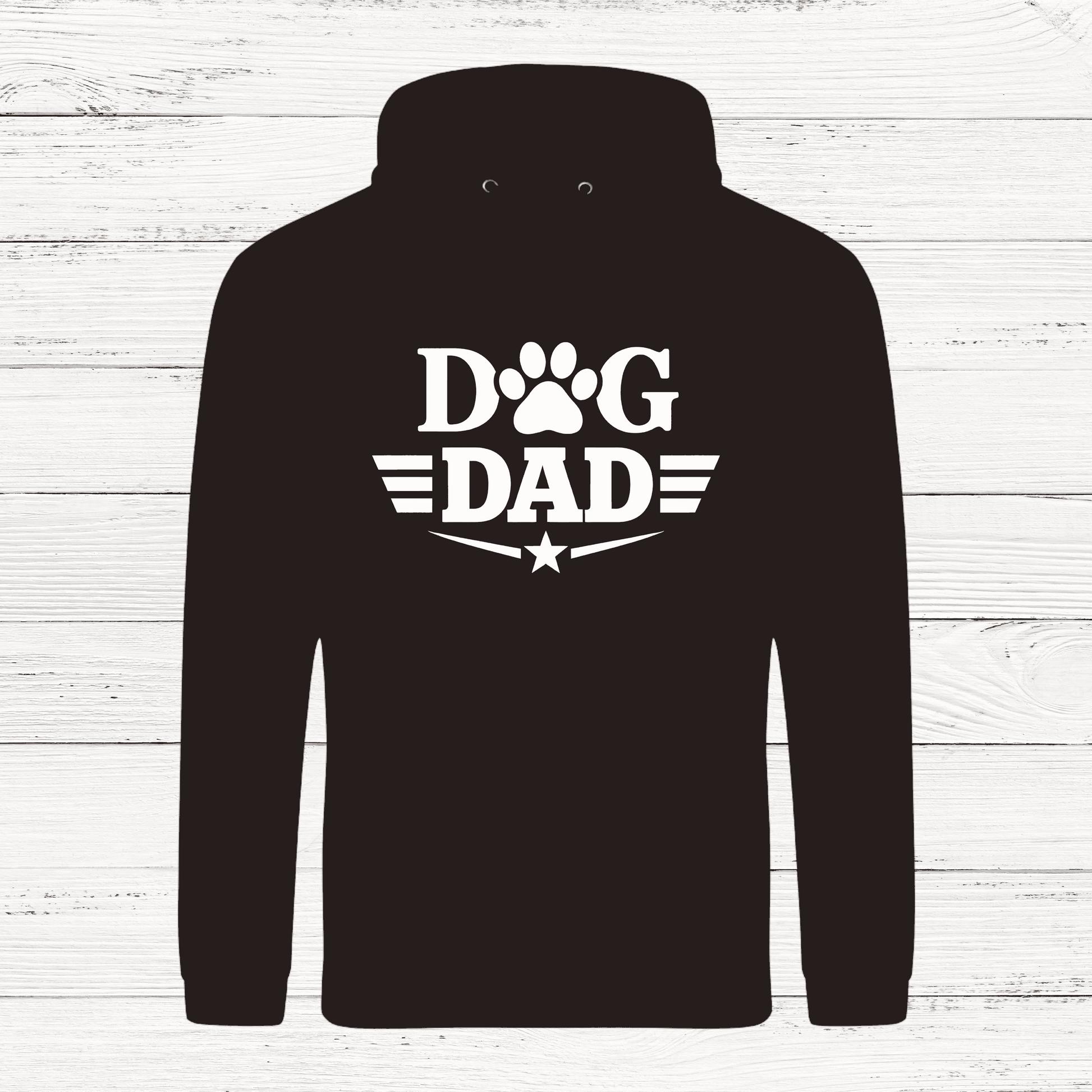Black hoodie with 'Dog Dad' text on a white wooden background