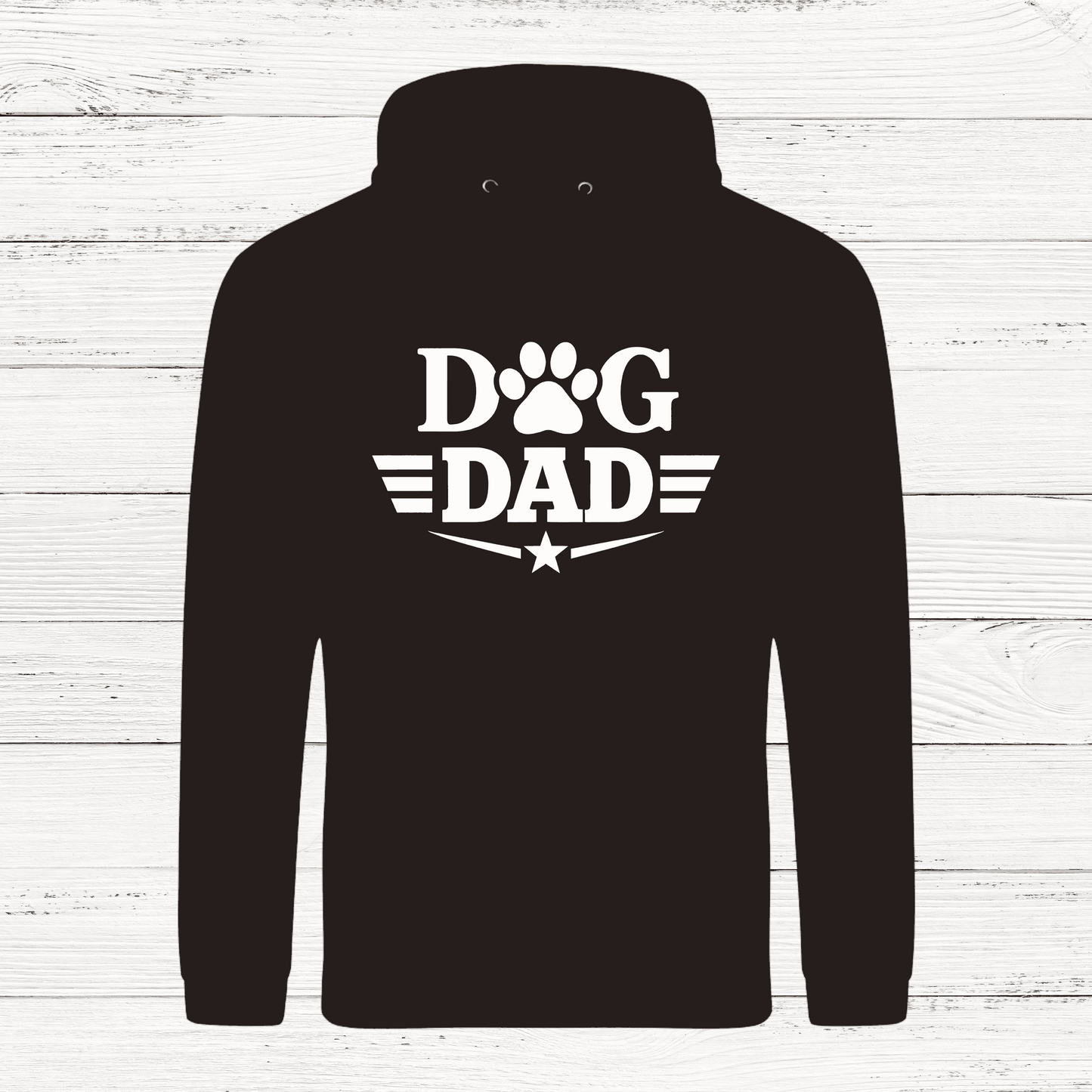 Black hoodie with 'Dog Dad' text on a white wooden background