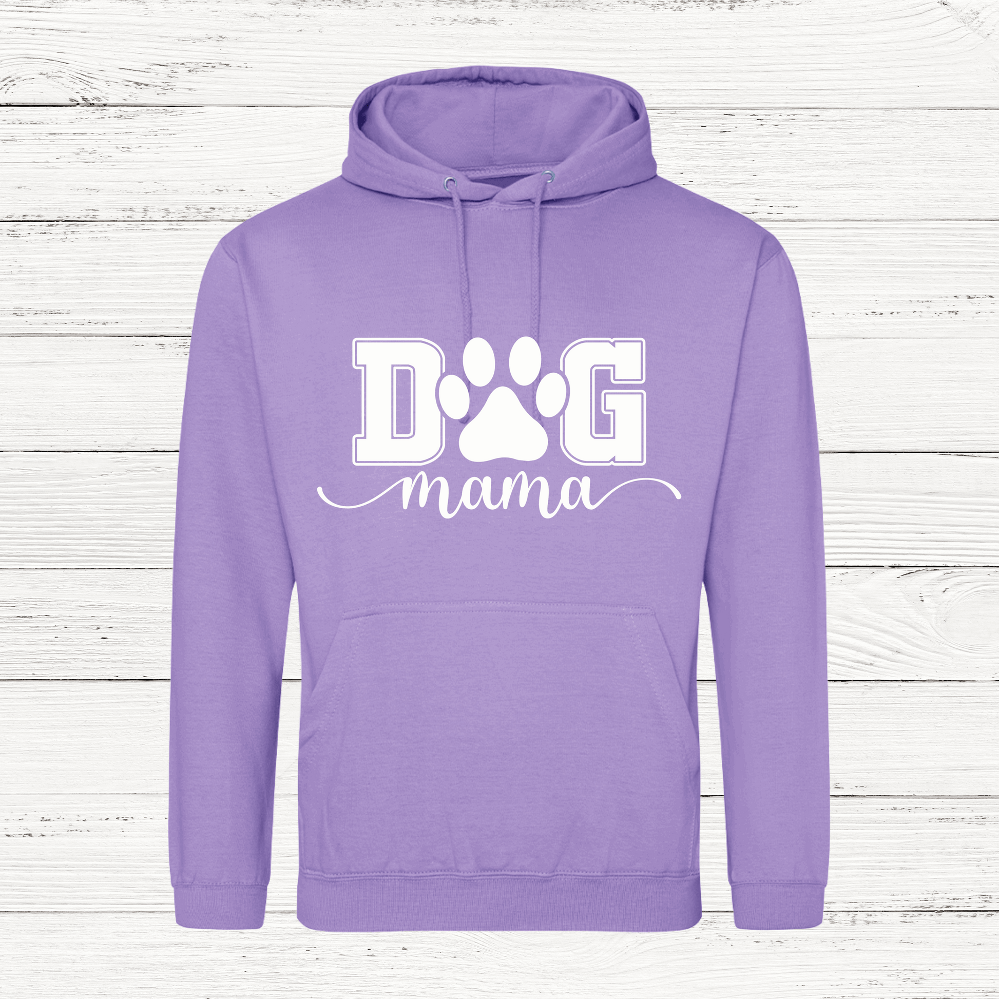 Purple hoodie with 'DOG mama' text on a wooden surface