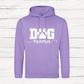 Purple hoodie with 'DOG mama' text on a wooden surface