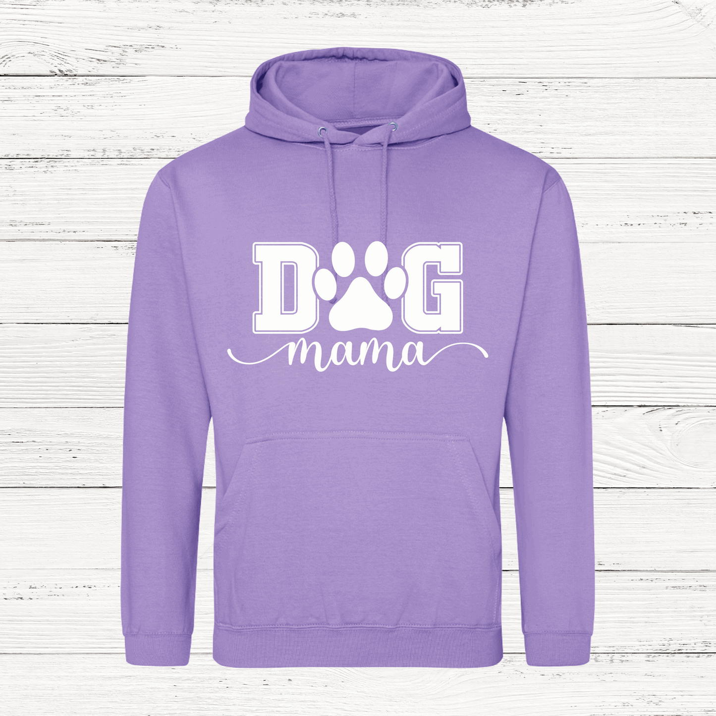 Purple hoodie with 'DOG mama' text on a wooden surface