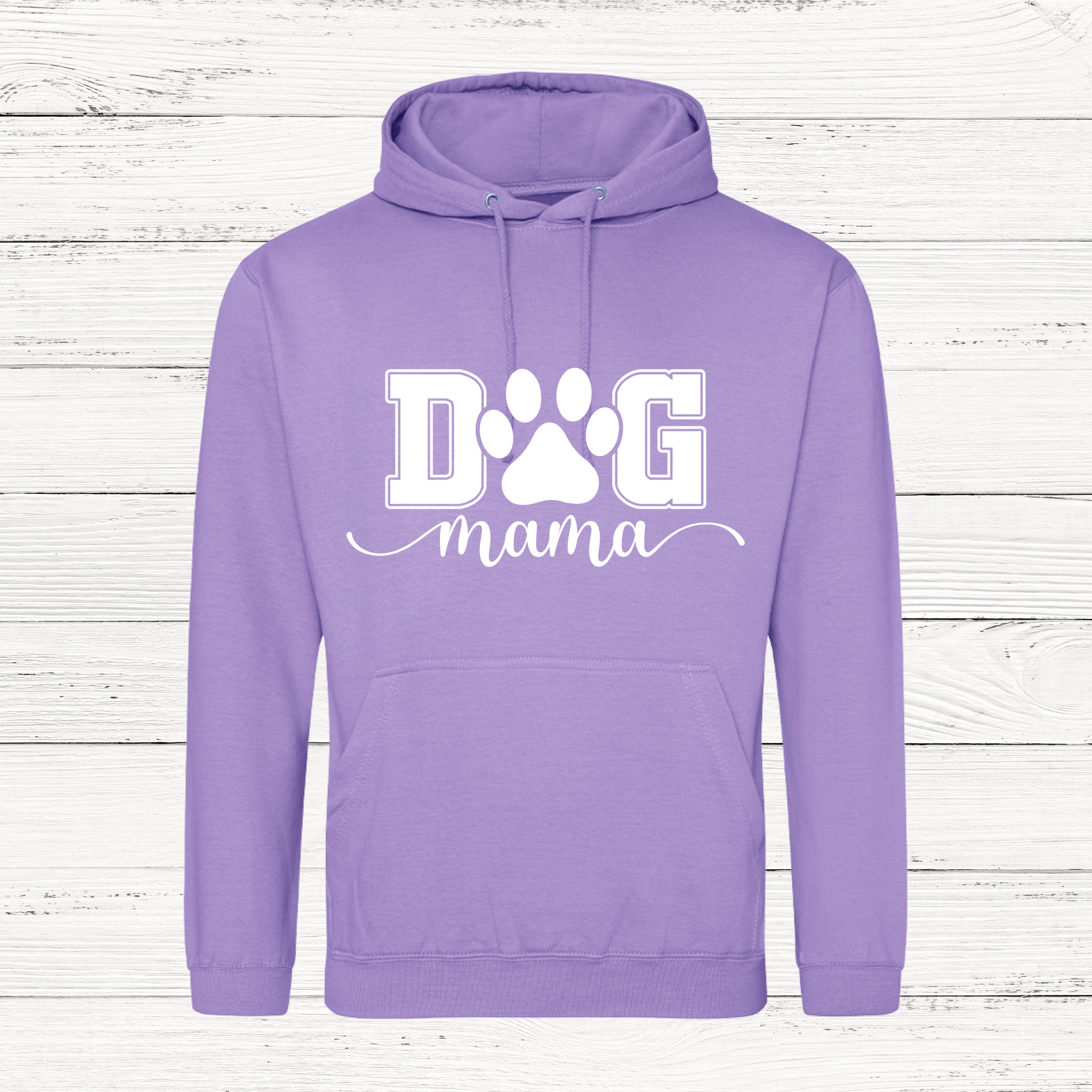Purple hoodie with 'DOG mama' text on a wooden surface