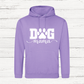 Purple hoodie with 'DOG mama' text on a wooden surface