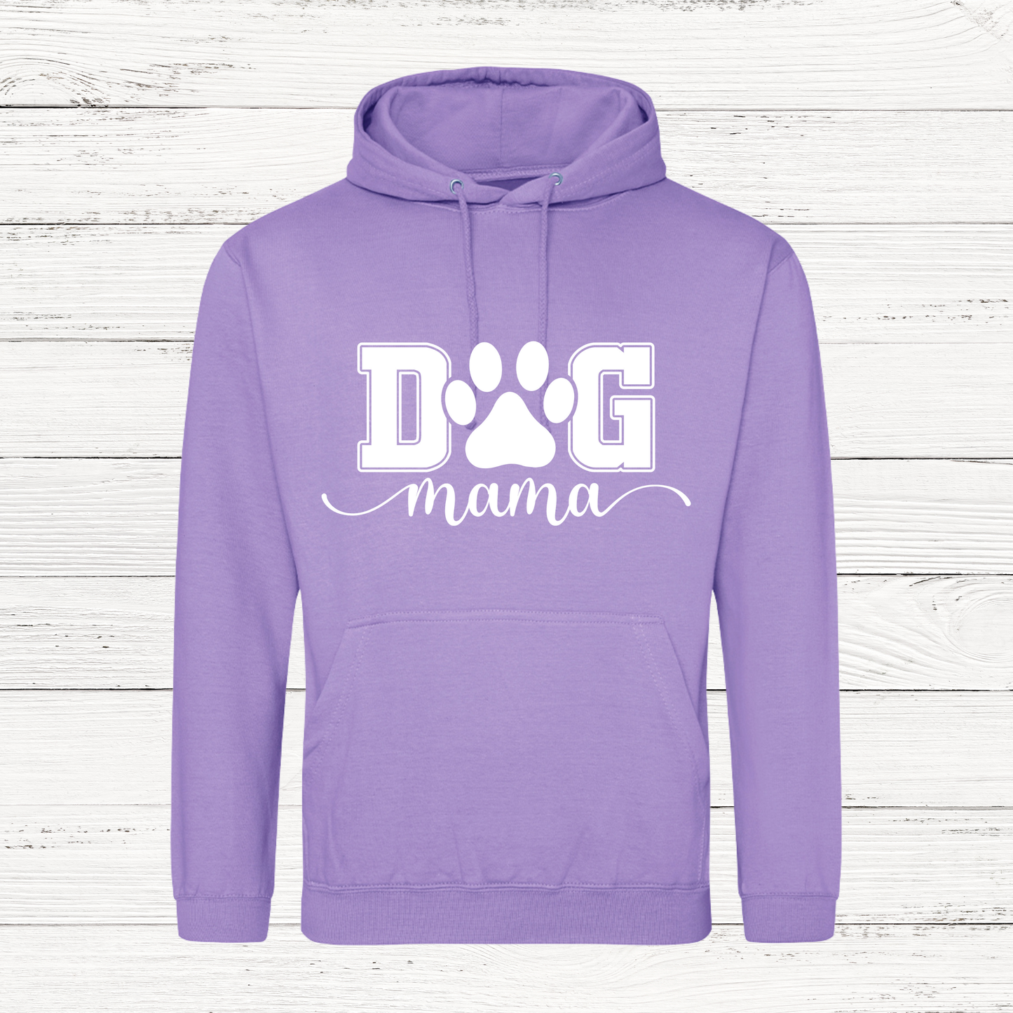 Purple hoodie with 'DOG mama' text on a wooden surface